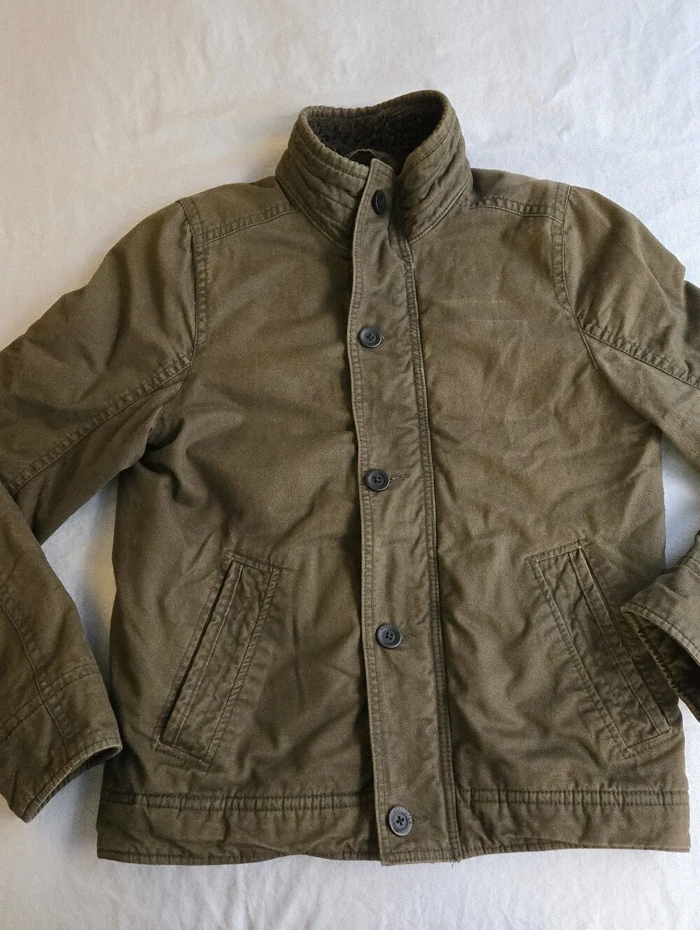 Hollister Olive Green Military Field Jacket Sherpa Lined Button Front MKY